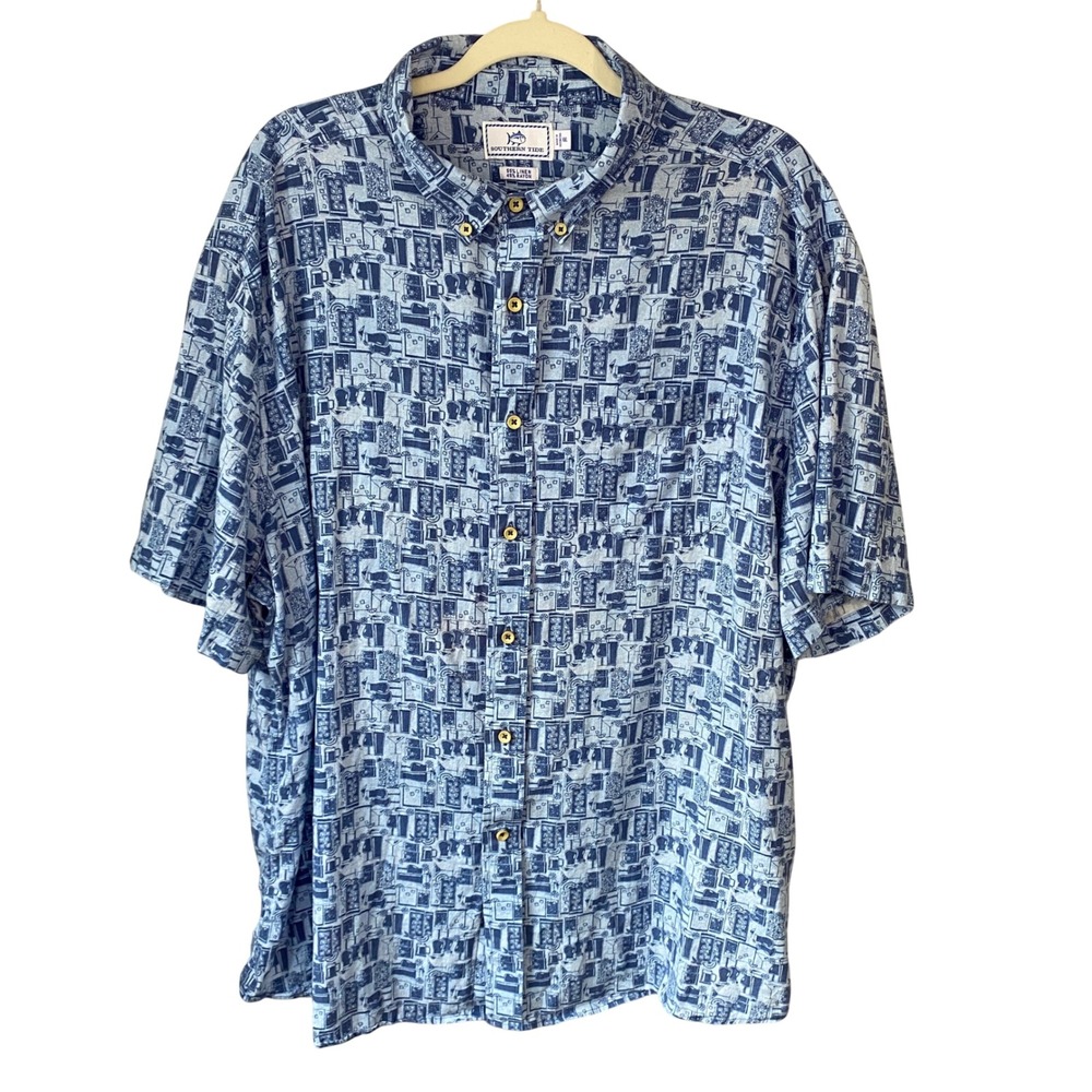 Southern Tide Mens Happy Hour Short-Sleeve Linen Blend Shirt Seven Seas Blue XXL